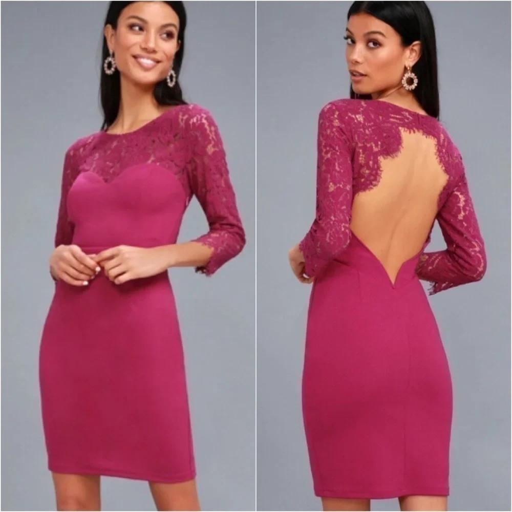 NWT Lulu’s Lace Magenta Bodycon Dress - Picture 9 of 10